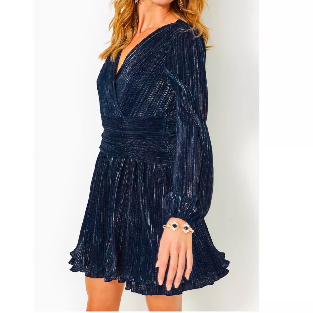 NWOT  LILLY PULITZER SIZE 4
JESSAMIE DRESS *FOIL PRINTED
CRINKLE* LOW TIDE NAVY - Picture 2 of 8